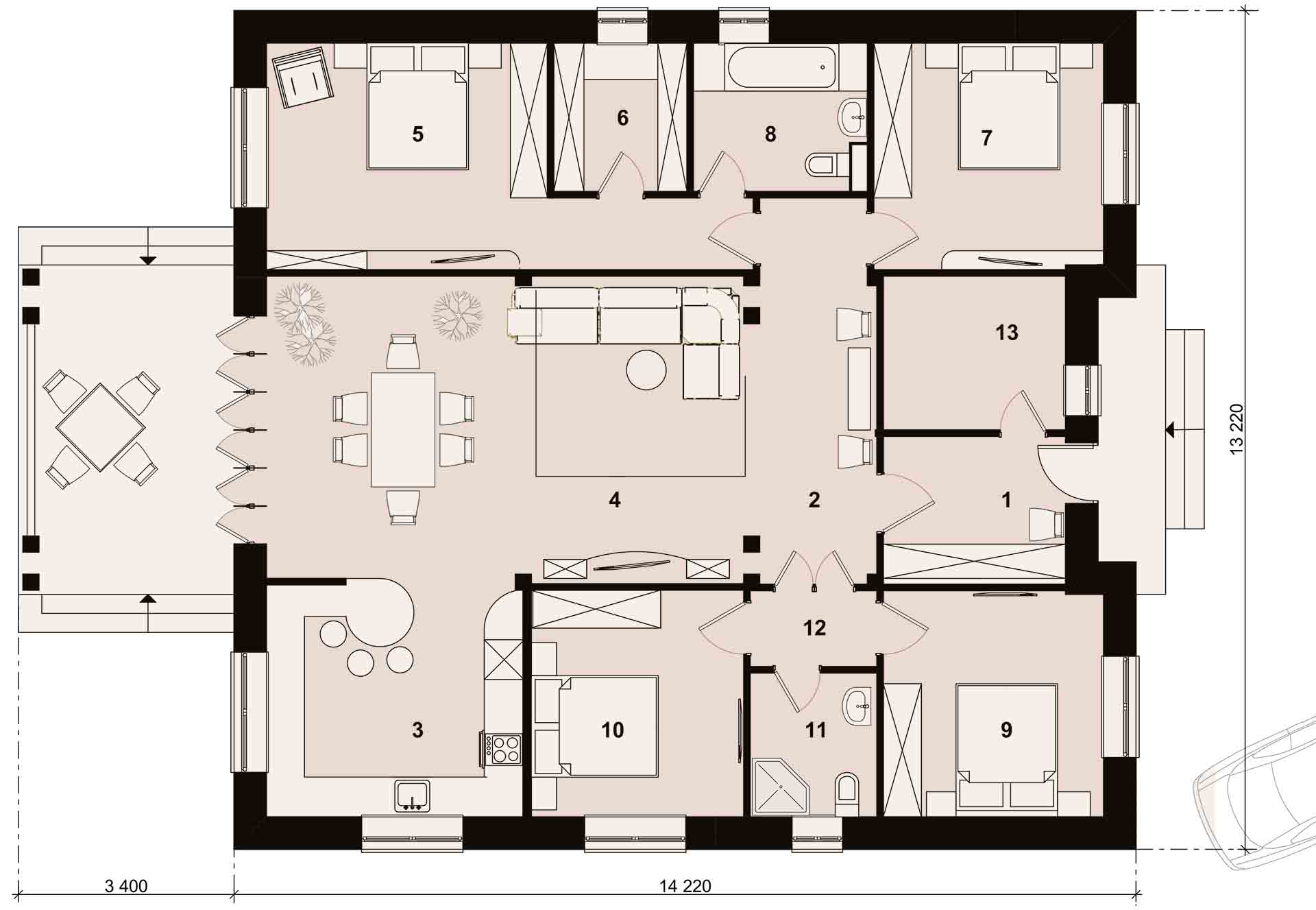 планировка одноэтажного дома с 4 большими спальнями и верандой