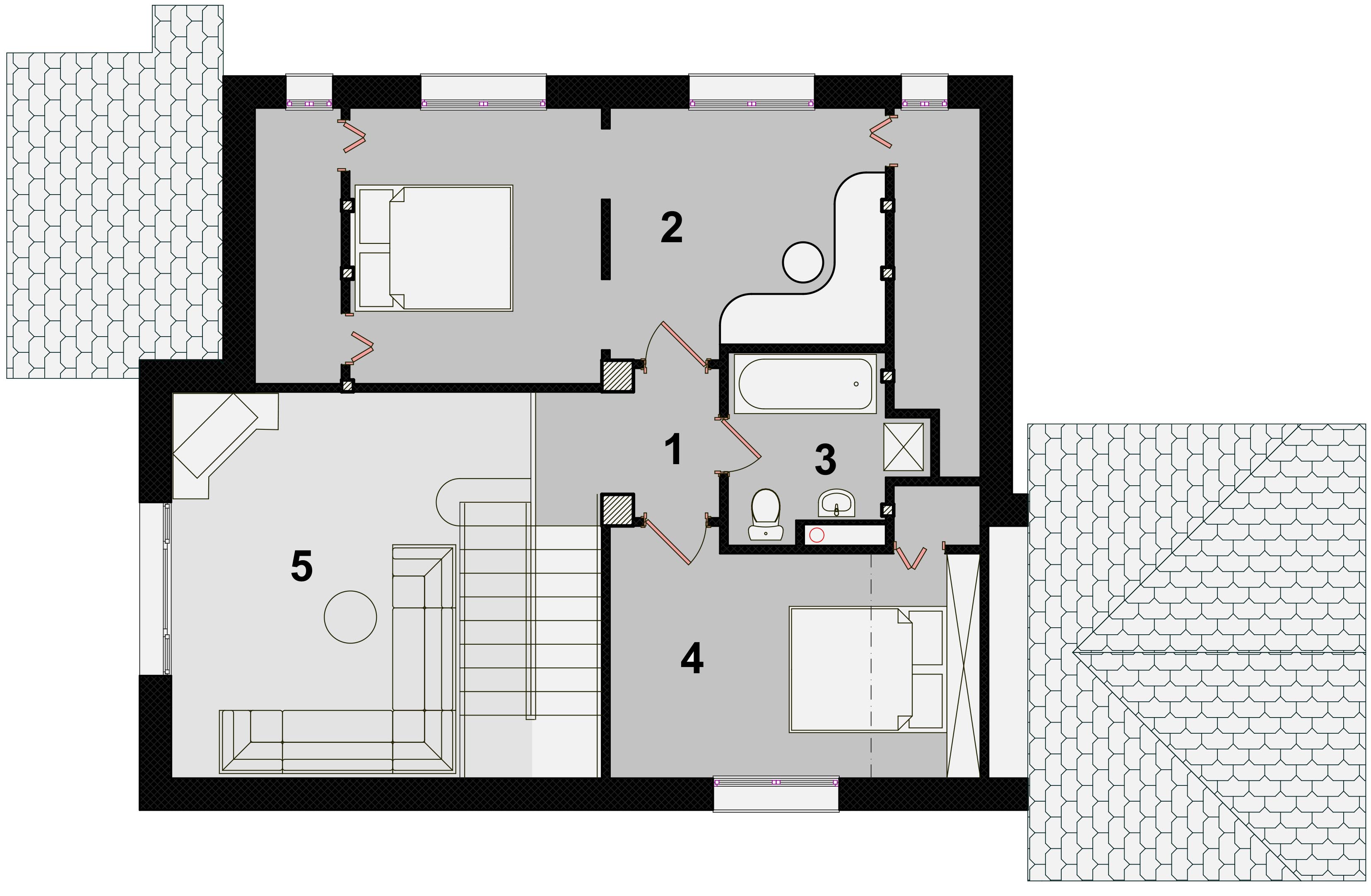 ПОВОЛЖЬЕ - план мансарды дома с 2-3 спальнями и верхним светом гостиной - готовый проект от Инваполис