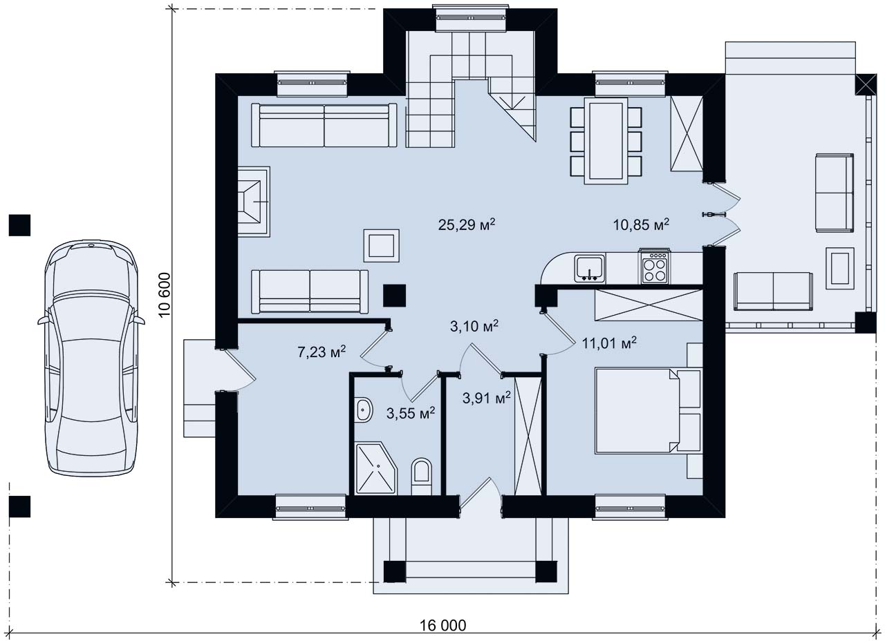 план первого этажа коттеджа 106 с двухскатной крышей