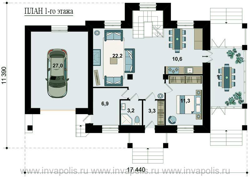 проект дома Светлый-140 общей площадью 150 кв м - на плане первого этажа видна большая гостиная с эркером гараж и терраса