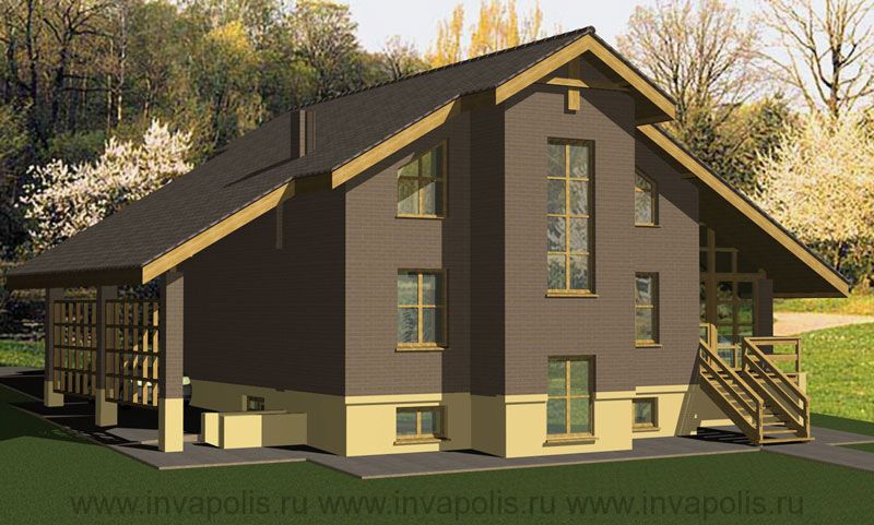 Проект дома с мансардой с 5 спальнями, террасой - визуализация садового фасада с эркером