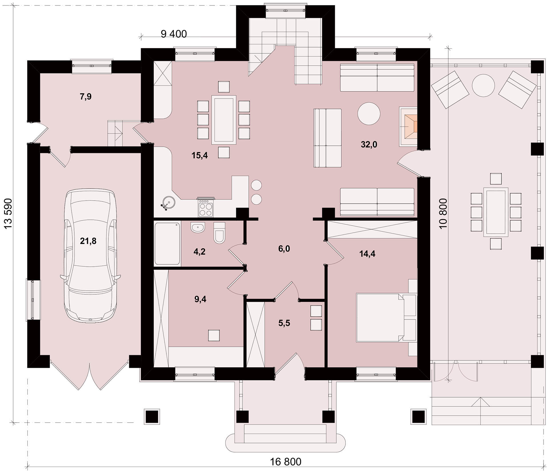 План первого этажа многокомнатного дома шале с гаражом