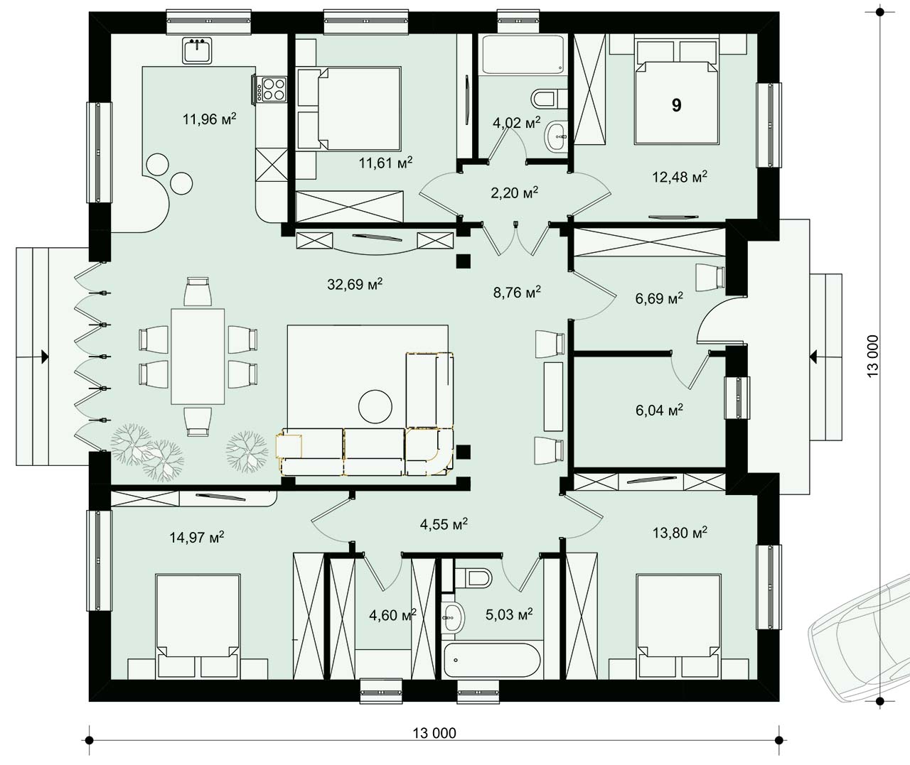 Планировка в проекте одноэтажного квадратного дома 13 на 13