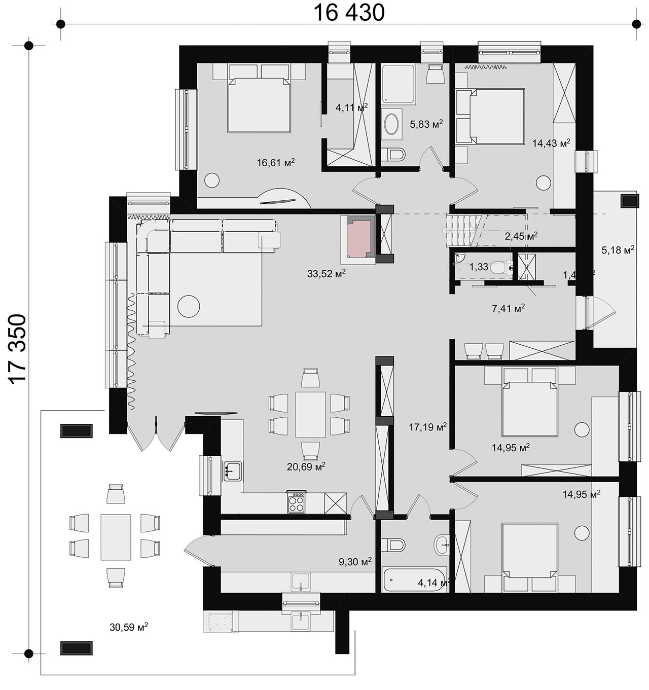 план жилого этажа одноэтажного дома 16х16 метров
