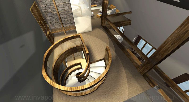 Винтовая лестница - композиционный центр лофт- интерьеров двухуровневой квартиры с водопадом