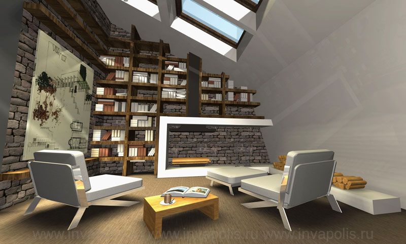 Каминная и библиотека - на втором уровне двухуровневой квартиры