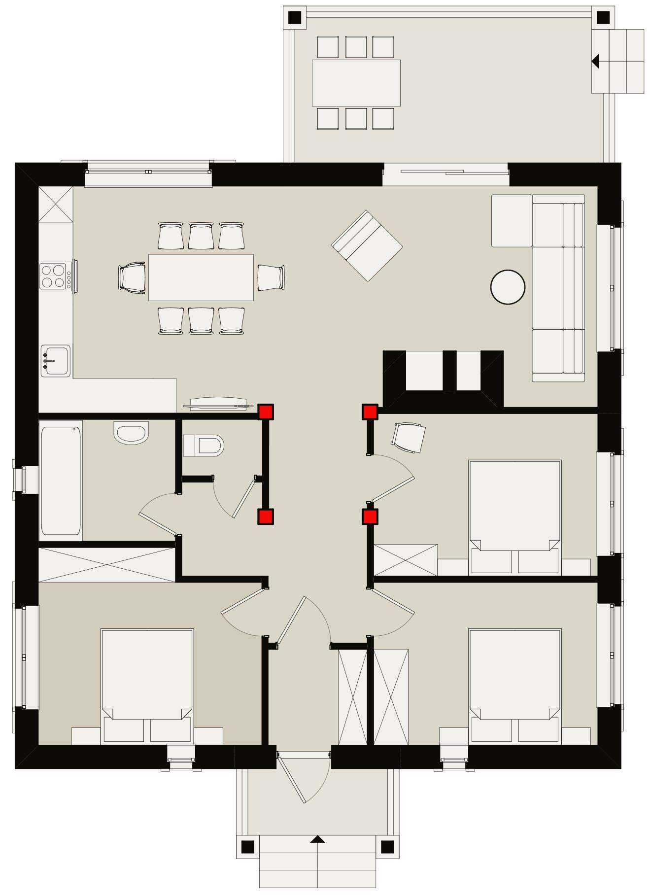 вариант плана 10х10 метров с большой комнатой и раздельным санузлом