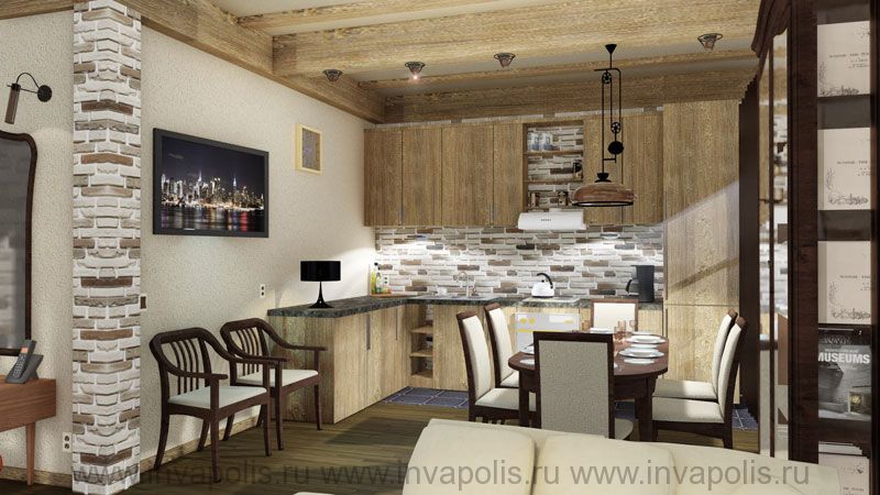 Столовая и кухня в проекте одноэтажного дома 10х10 метов АБХАЗИЯ