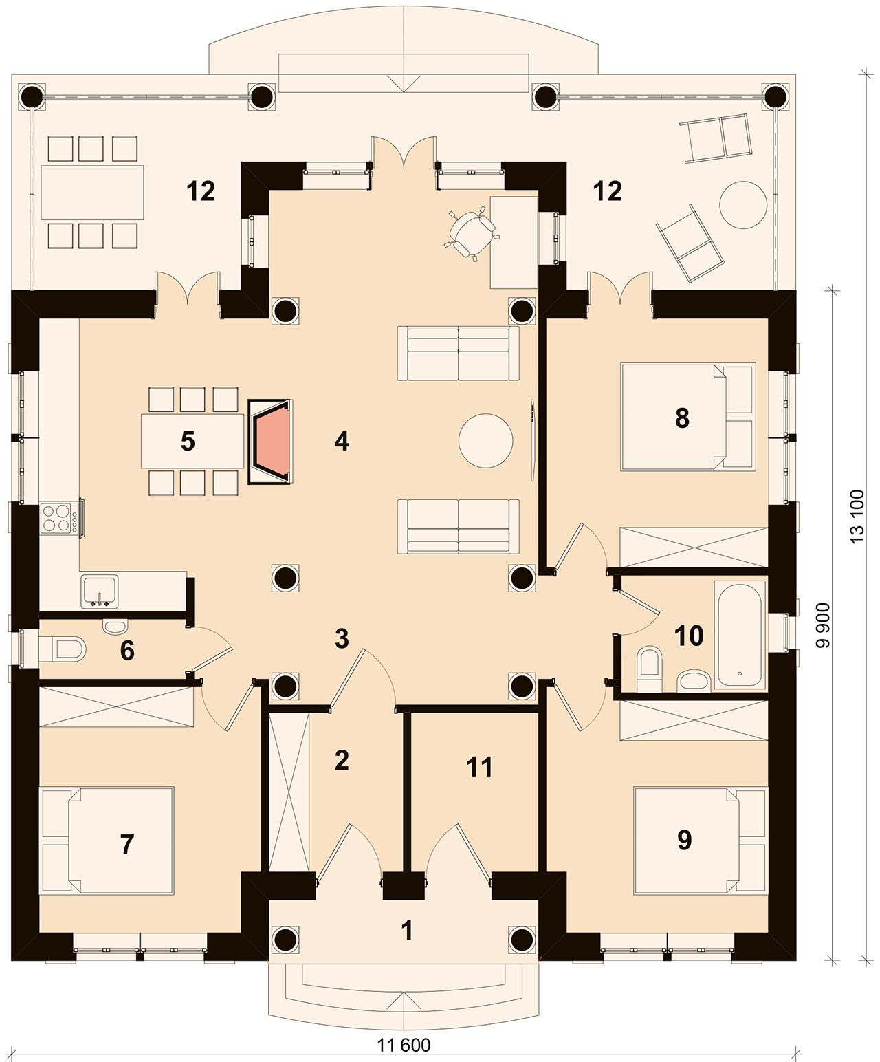 План одноэтажного дома 12 х 12 АДРИАТИКА с террасой сзади