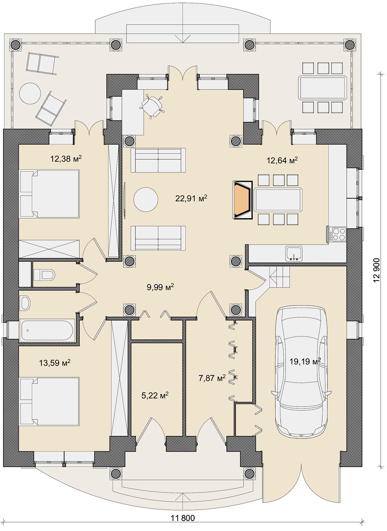 План одноэтажного дома Адриатика с гаражом и 2 спальнями 110 кв м