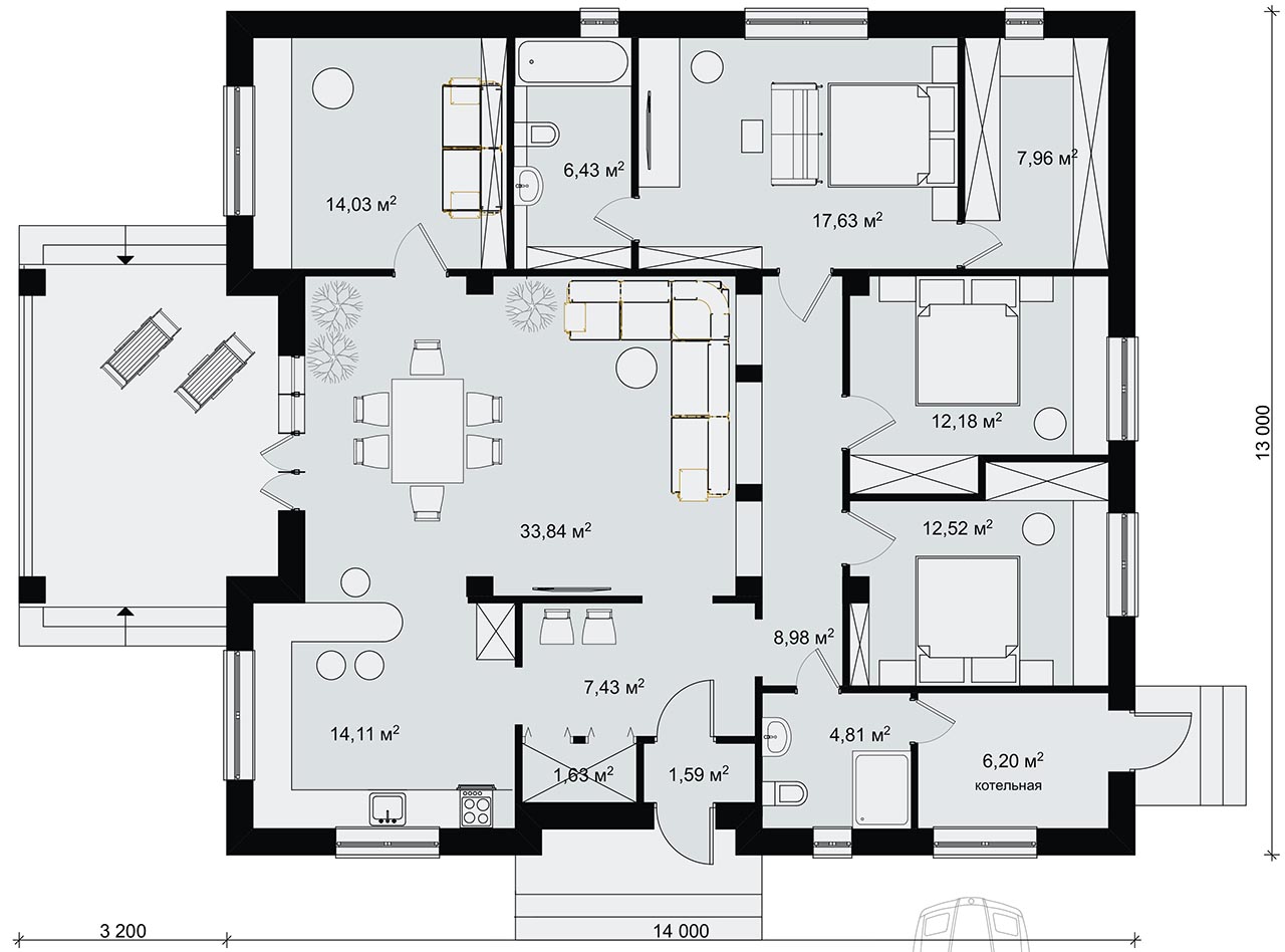 план одноэтажного загородного дома 13х14