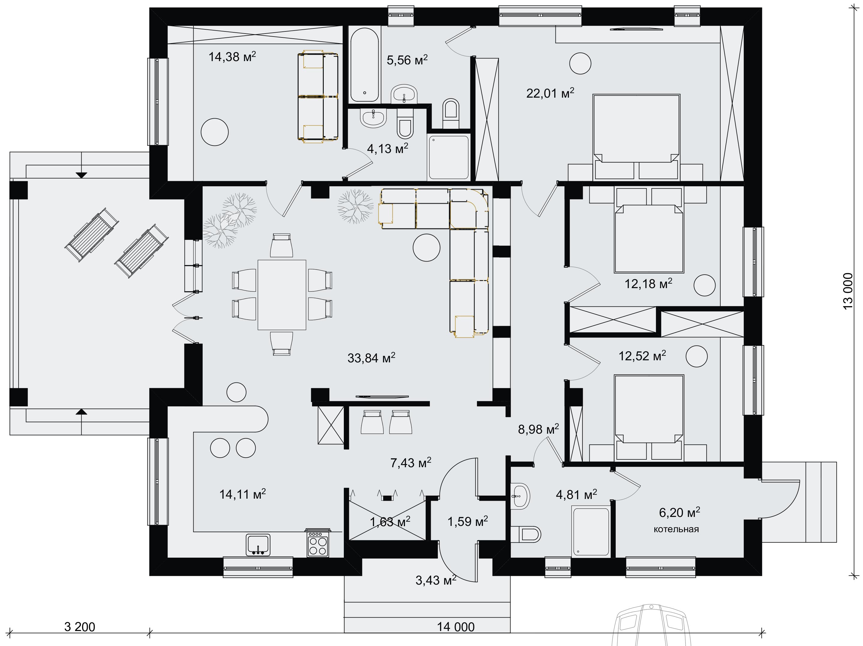 планировка одноэтажного загородного дома 13х14 вариант