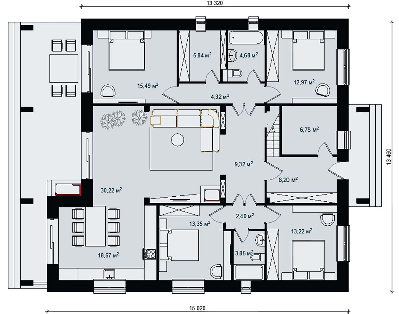 план проекта одноэтажного дома шале 150 м2 с 4 спальнями