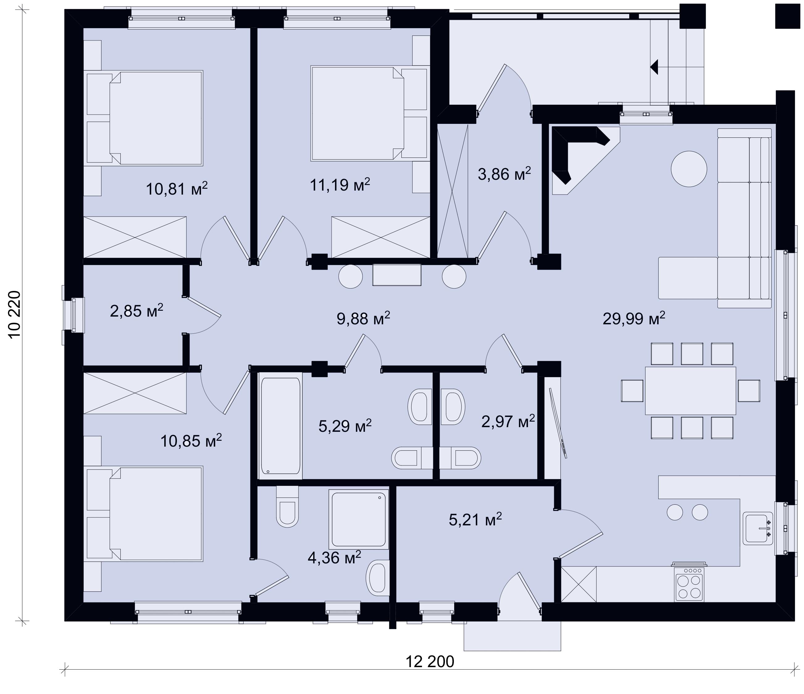 АРМАВИР 97 м2 - проект одноэтажного дома 10х12 с 3 спальнями