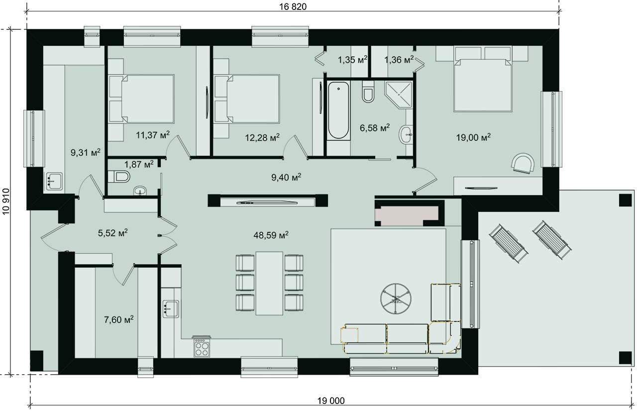 Планировка одноэтажного коттеджа АТОЛЛ-ГРАФИТ с 3 спальнями для длинного участка