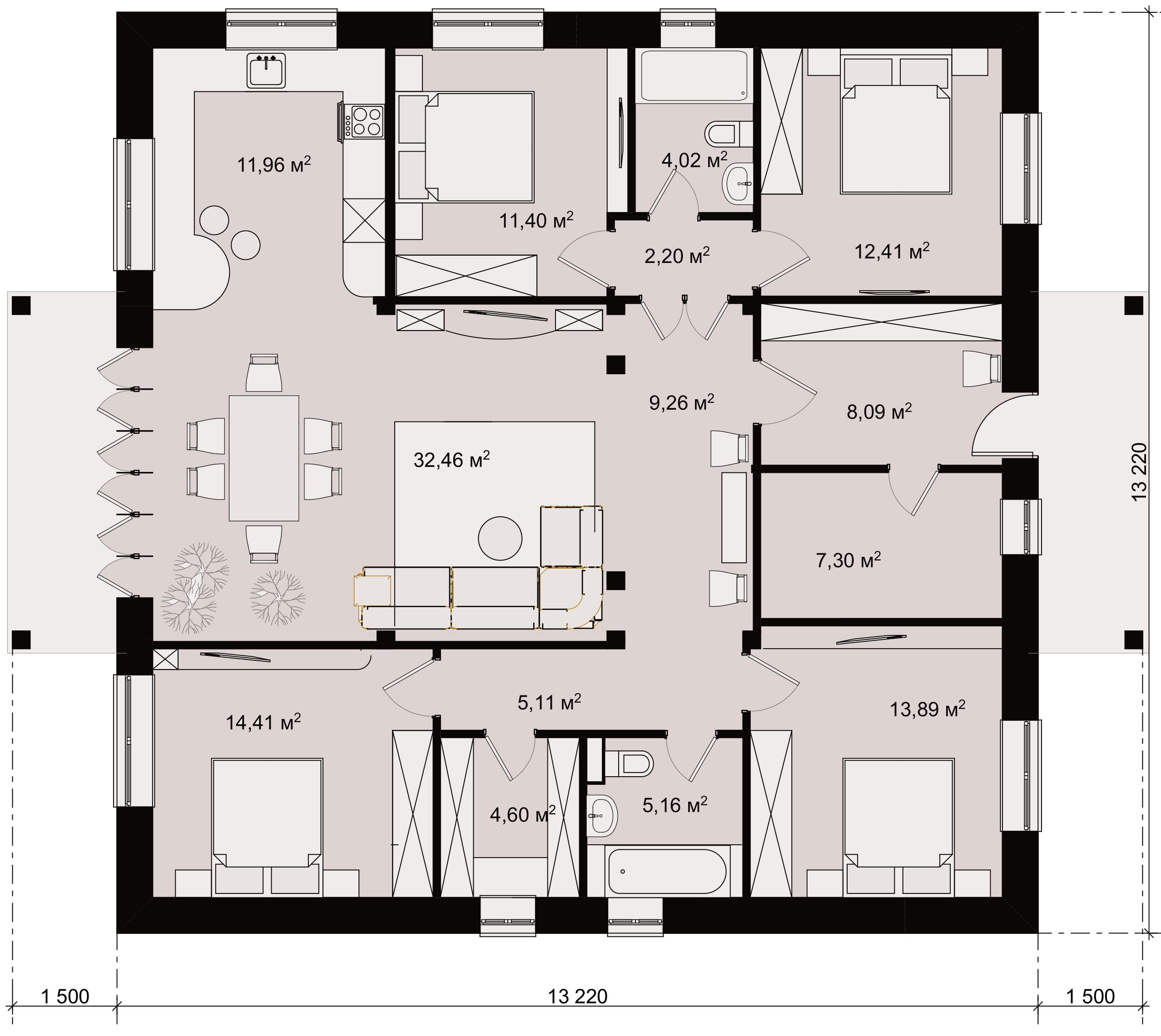 Планировка в проекте одноэтажного простого дома 13х13