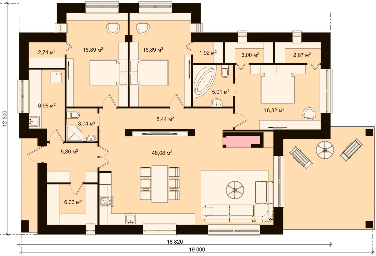 планировка одноэтажного дома с 3 большими спальнями и террасой