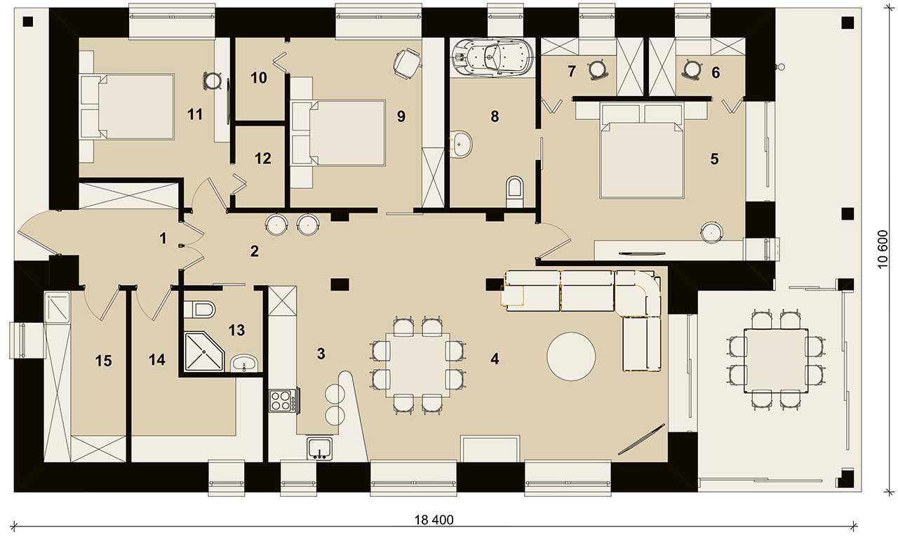 планировка современного одноэтажного коттеджа с 3 спальнями