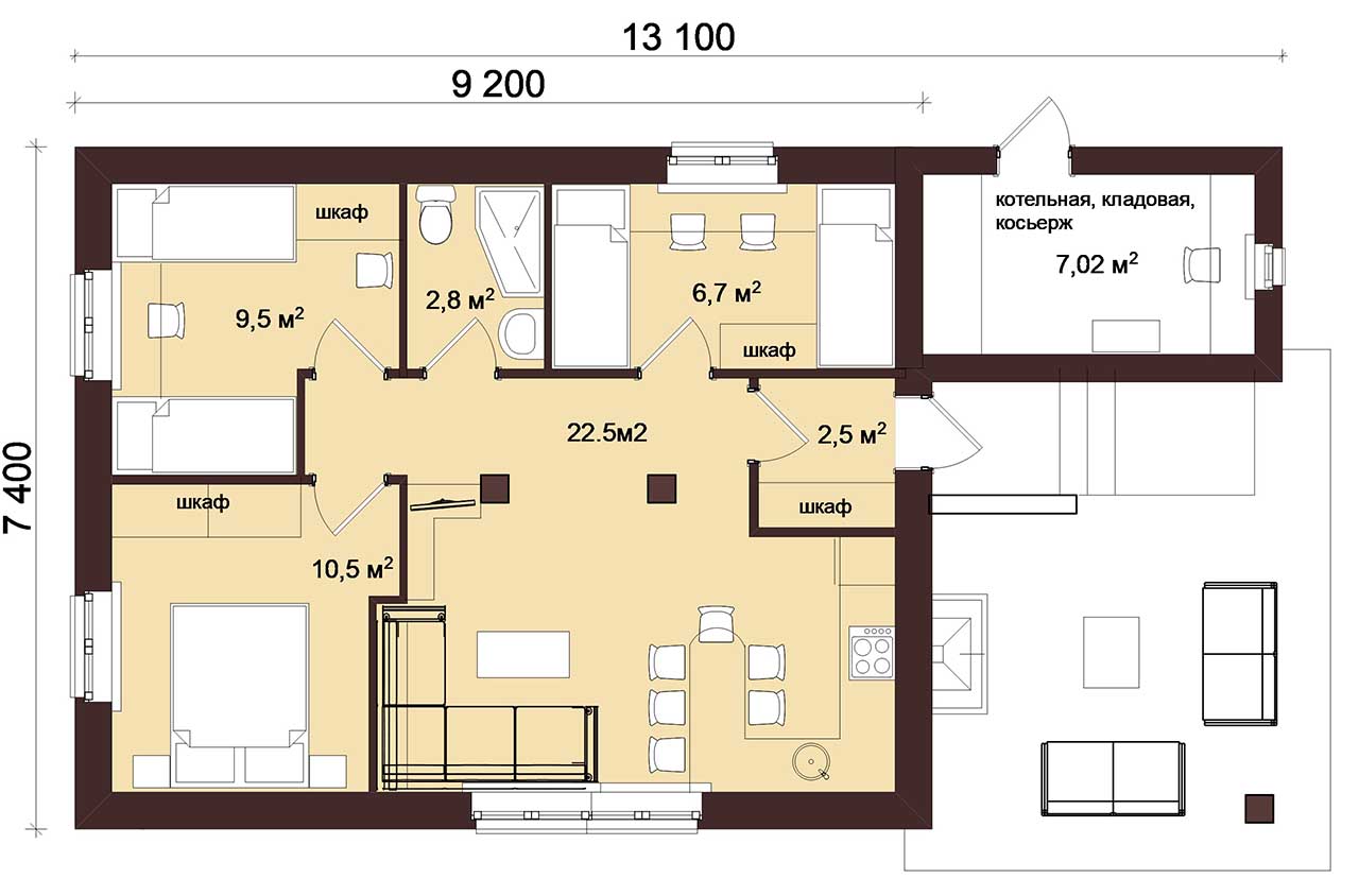 план домика для аренды размером 7х9 метров