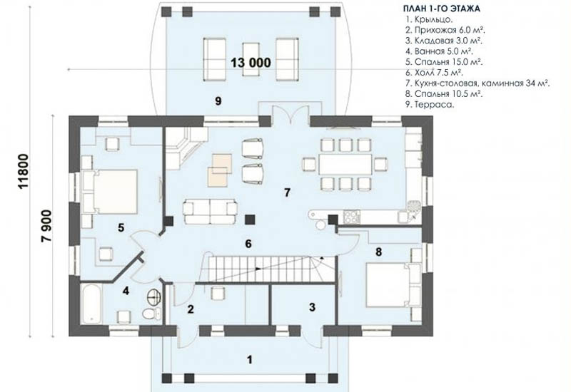 ДЛЯ БОЛЬШОЙ СЕМЬИ -  план 1-го этажа простого коттеджа 8 х 12 на 6 спален - готовый проект от Инваполис