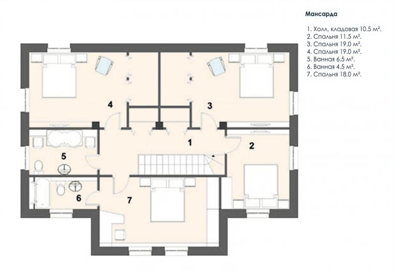ДЛЯ БОЛЬШОЙ СЕМЬИ -  план 2-го этажа  на 6 спален - готовый проект от Инваполис