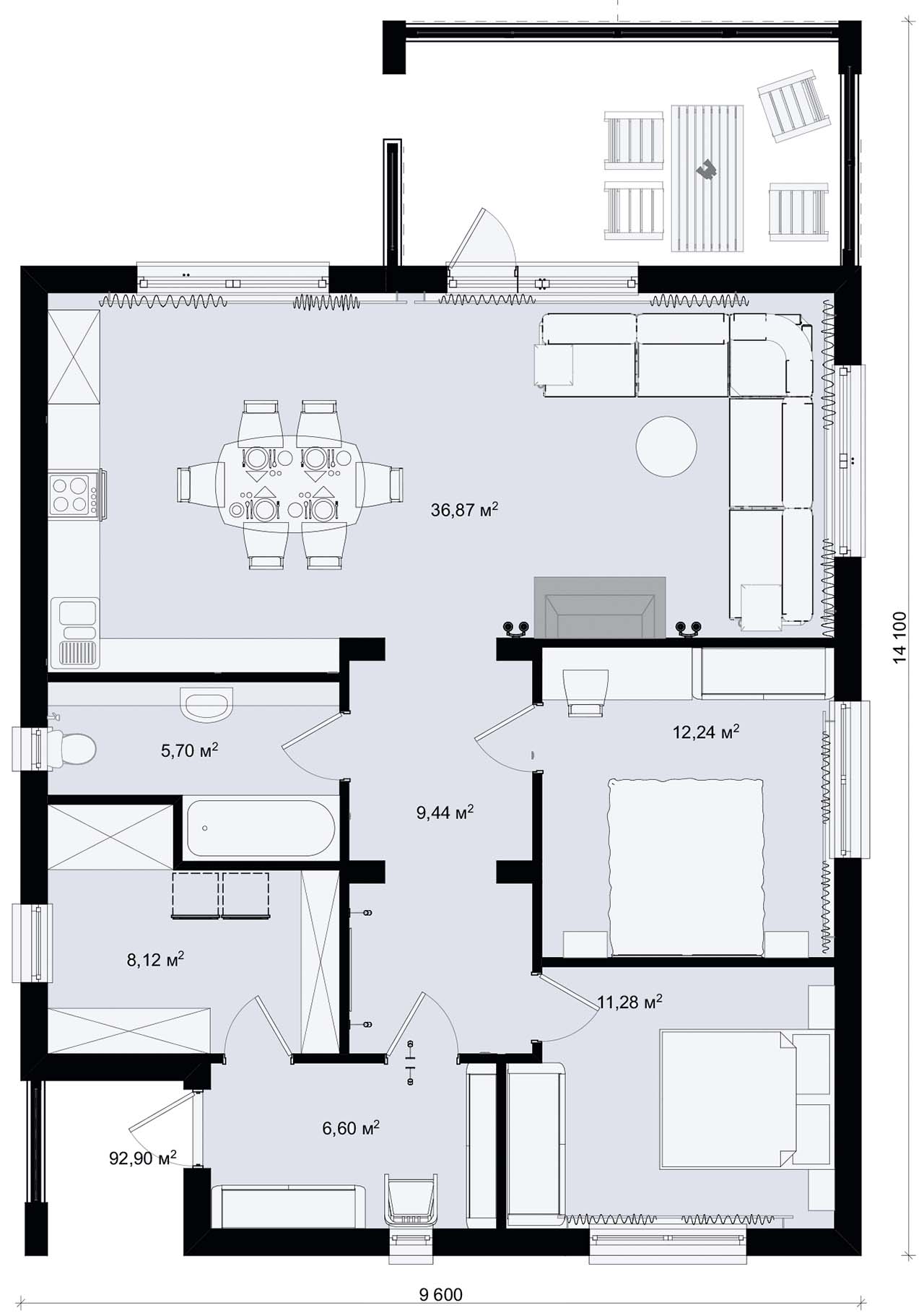 планировка одноэтажного дома с 2 спальнями террасой котельной