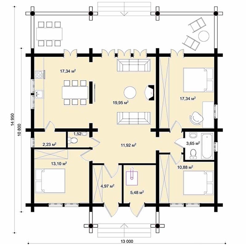 План проекта брусового одноэтажного дома 15 на 13 метров Енисей