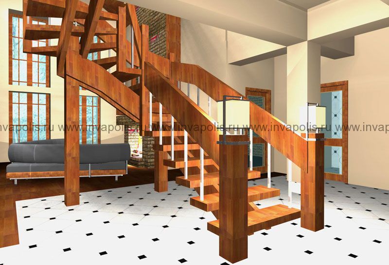 Вид с лестницы на кухню, гостиную и холл мансарды