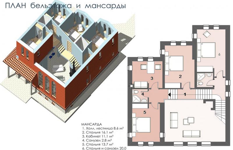 ИТАЛИЯ - план бельэтажа и мансарды ярусного дома - готовый проект от Инваполис