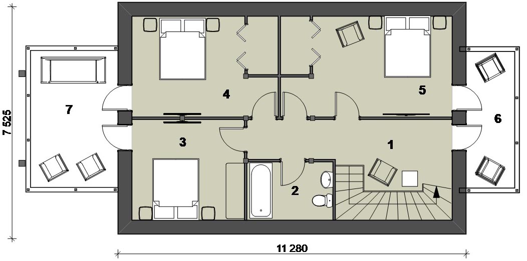 План второго этажа узкого дома размером 7 на 11 метров