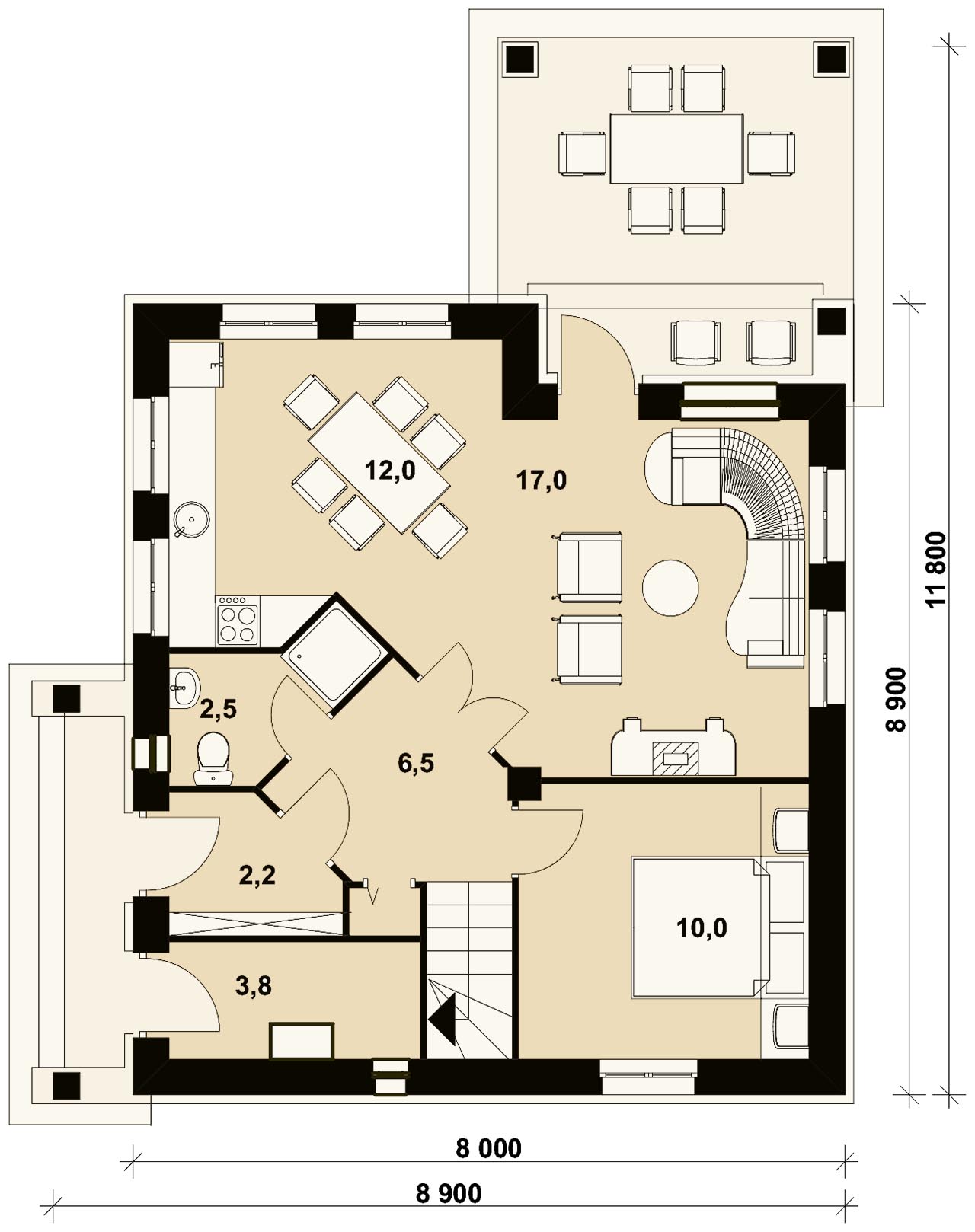 план первого этажа мансардного дома с 4 спальнями