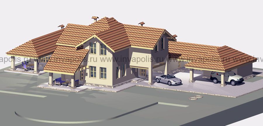 Пример усадьбы в едином стиле на основе базового проекта растущего дома с шатровой крышей КОМФОРТ