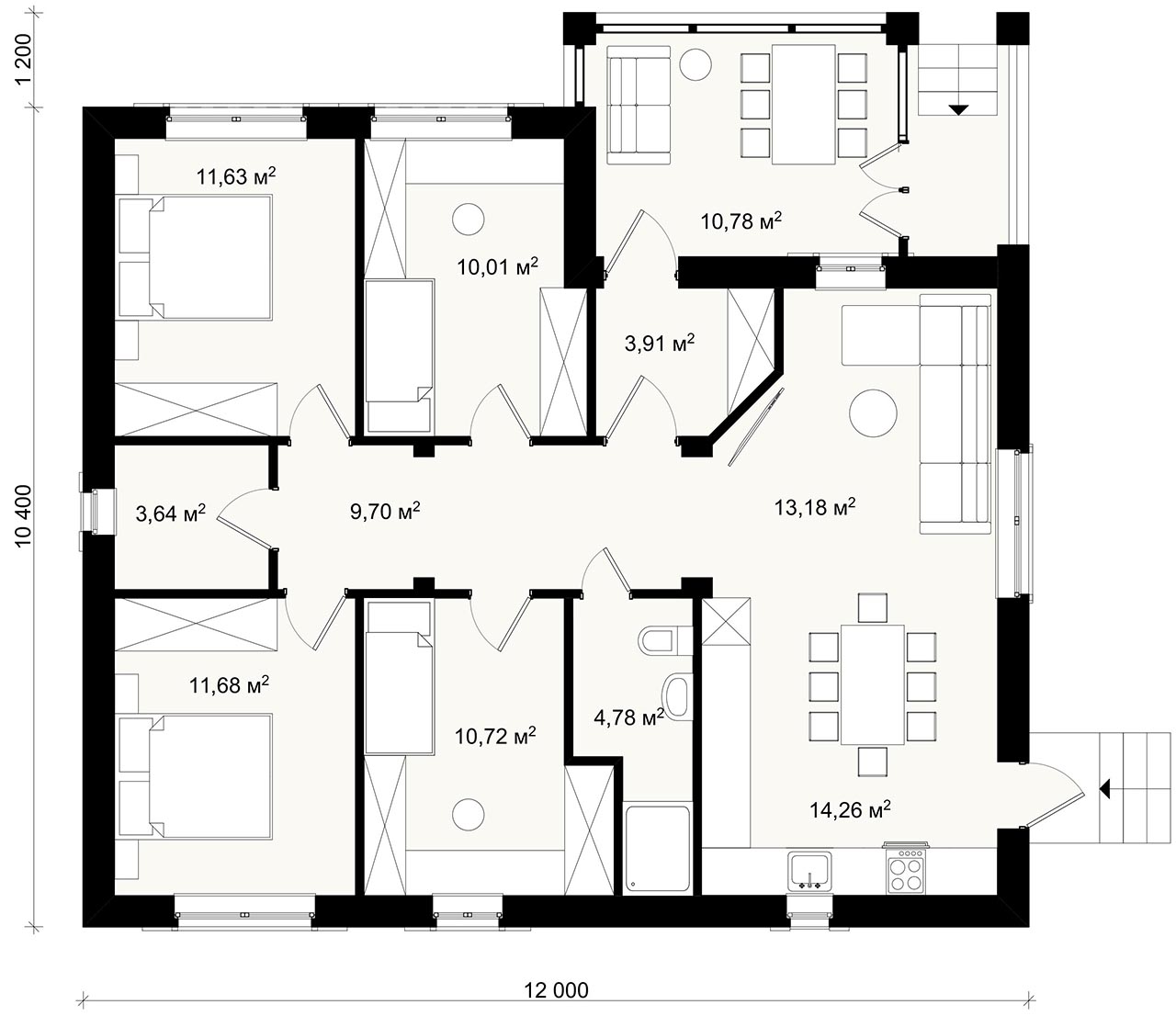 Варианты планировок одноэтажного дома КРАСНОДАР 12 на 12 метров 4 комнаты