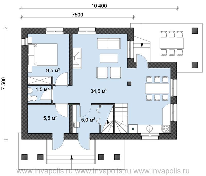 планировка первого этажа проекта дома с мансардой площадью 100 м2