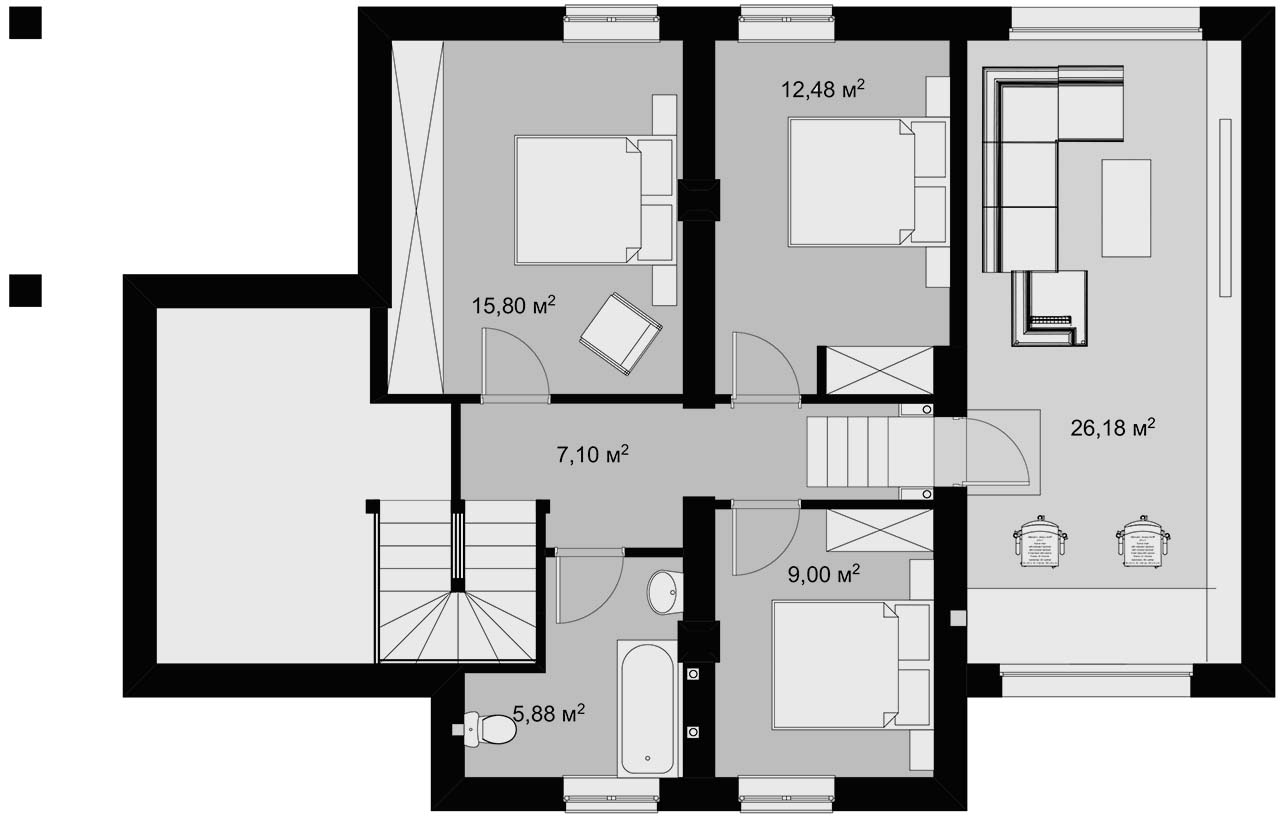 план мансарды дома 8 х 14 метров с 4 спальнями - готовый проект от Инваполис