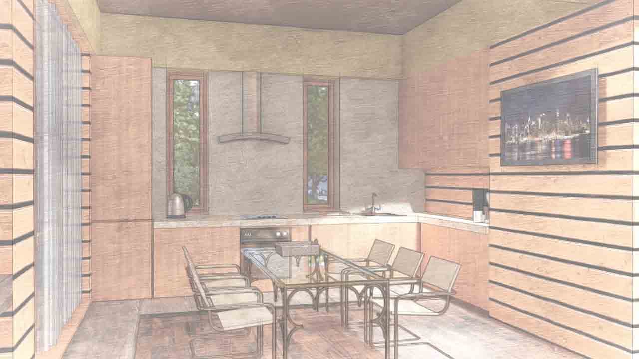 просторная кухня проекта одноэтажного современного коттеджа 12 х 12