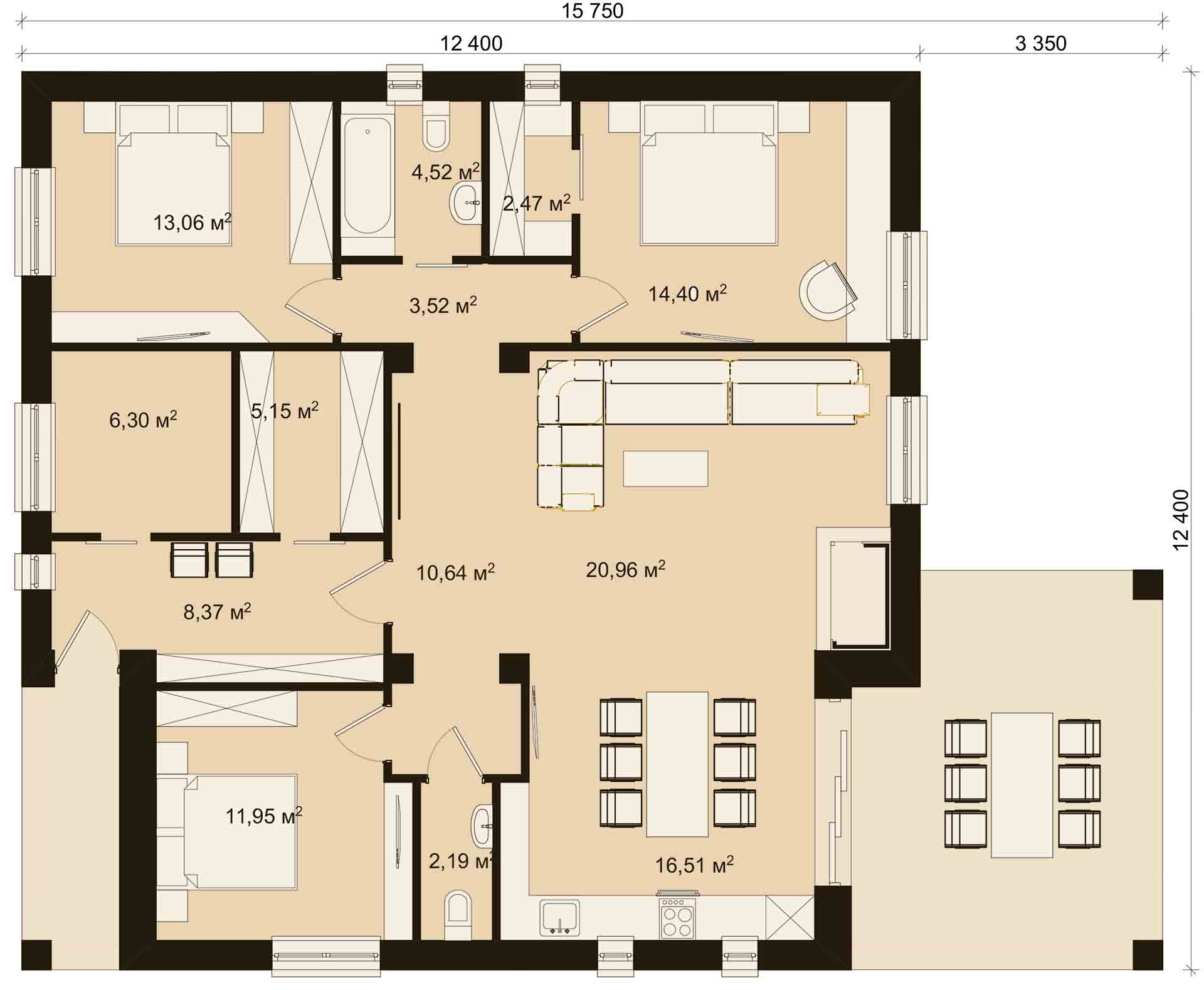 план современного одноэтажного коттеджа из пеноблоков размером 12 х 12 метров с тремя спальнями от бюро ИНВАПОЛИС