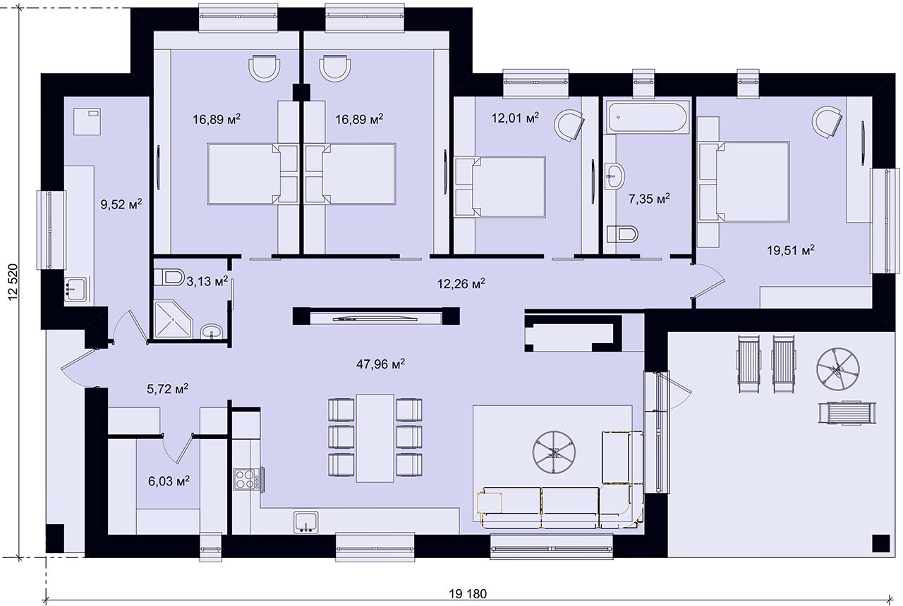 Вариант планировки одноэтажного дома с 4 спальнями