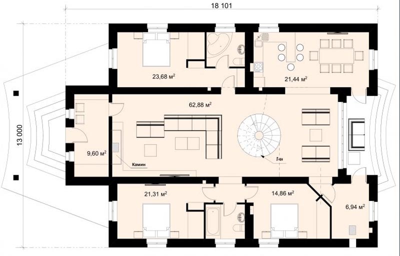 план 1-го этажа двухэтажного дома 13  х 18 метров - готовый проект от Инваполис