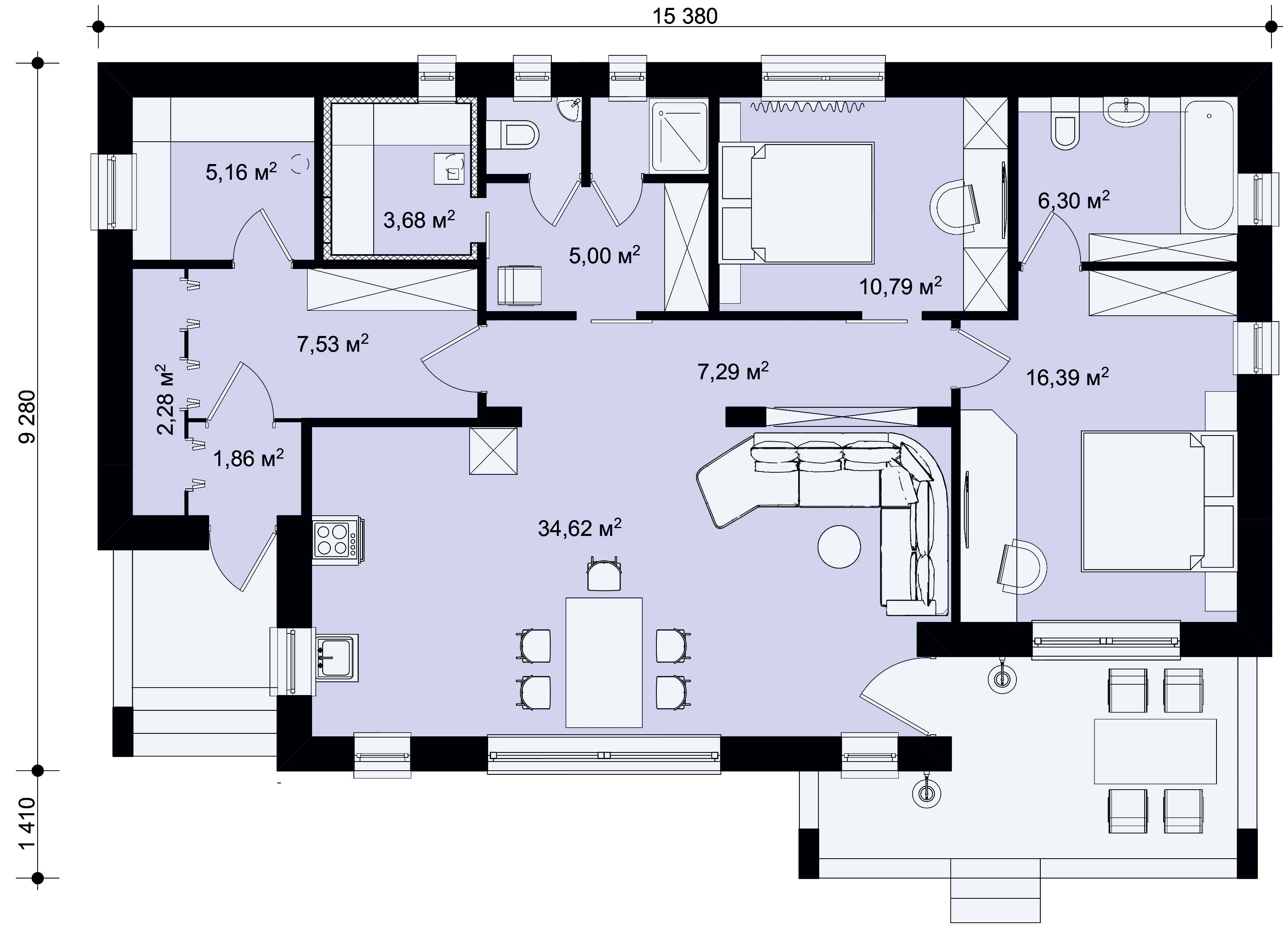 планировка одноэтажного дома с 2 спальнями и сауной