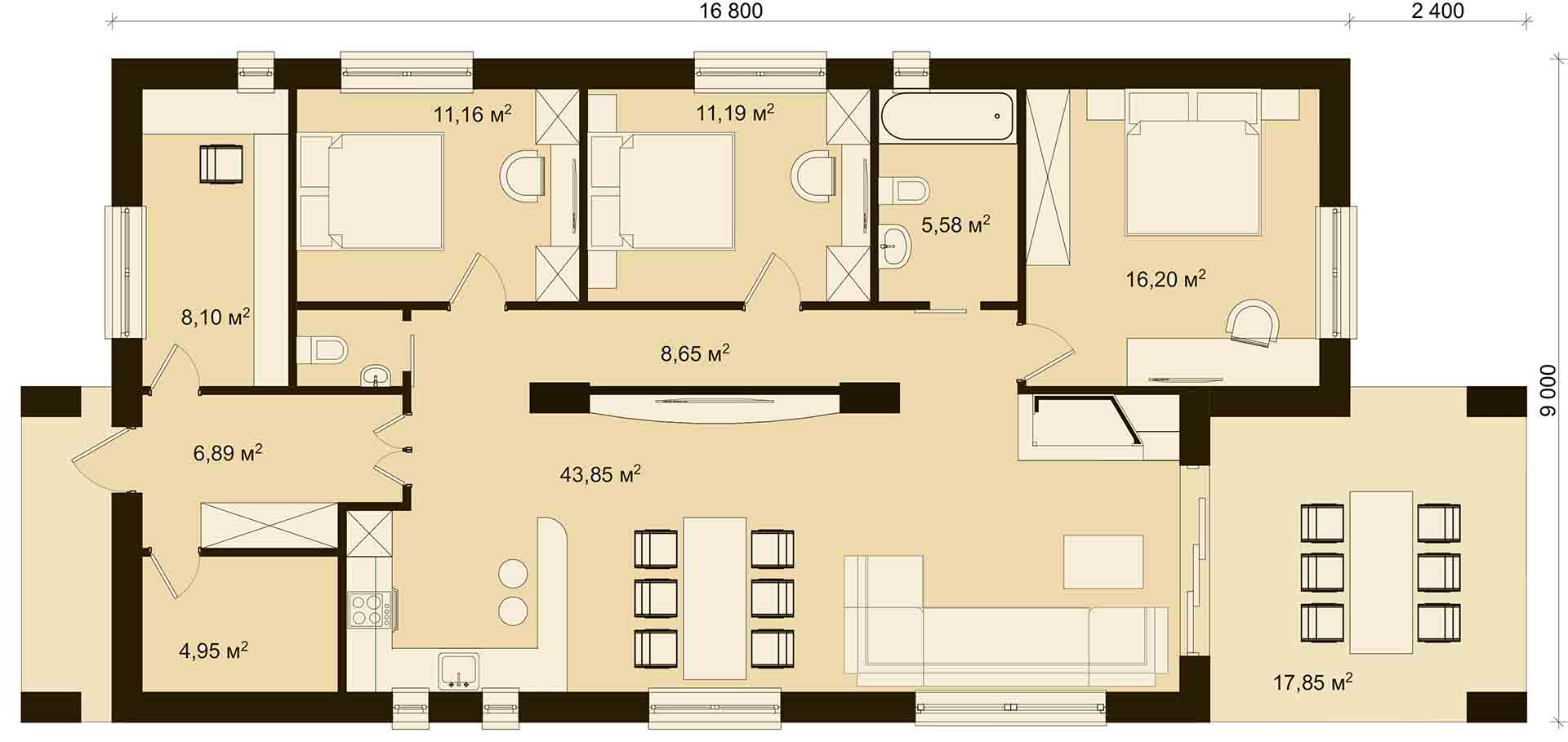 План небольшого одноэтажного дома шириной 9 метров с тремя спальнями