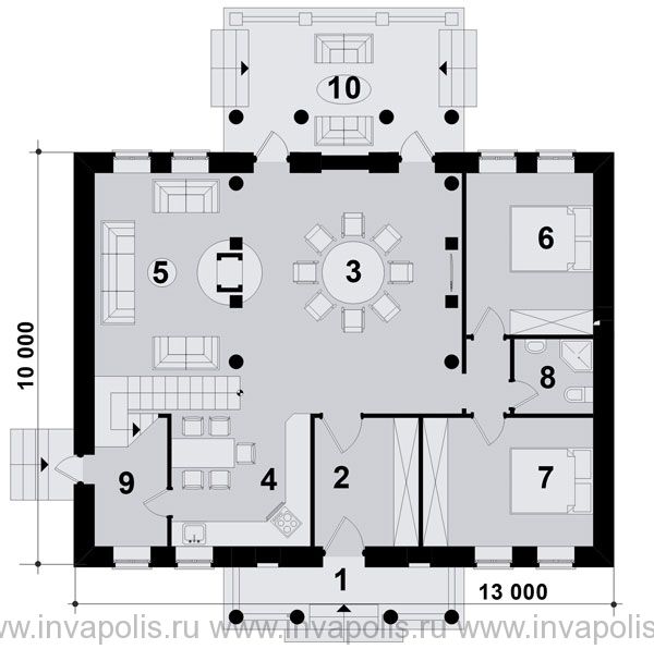 план 1-го этажа Дома с мезонином 10 на 13 метров