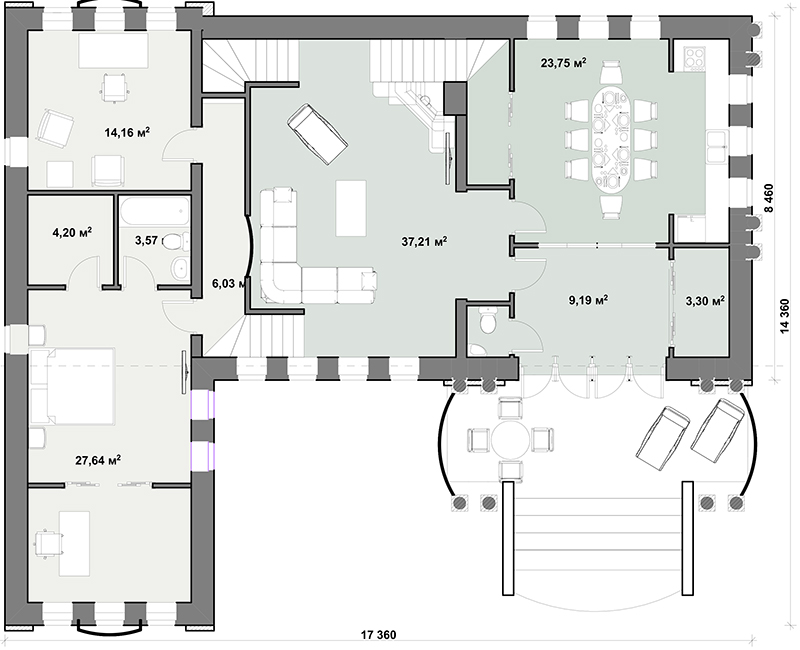 НА 2 КРЫЛА - план 1 этажа уютного особняка - готовый проект от Инваполис