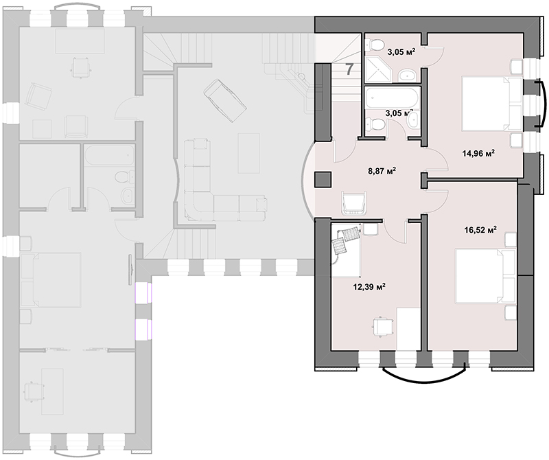 НА 2 КРЫЛА - план мансарды 7-комнатного особняка - готовый проект от Инваполис