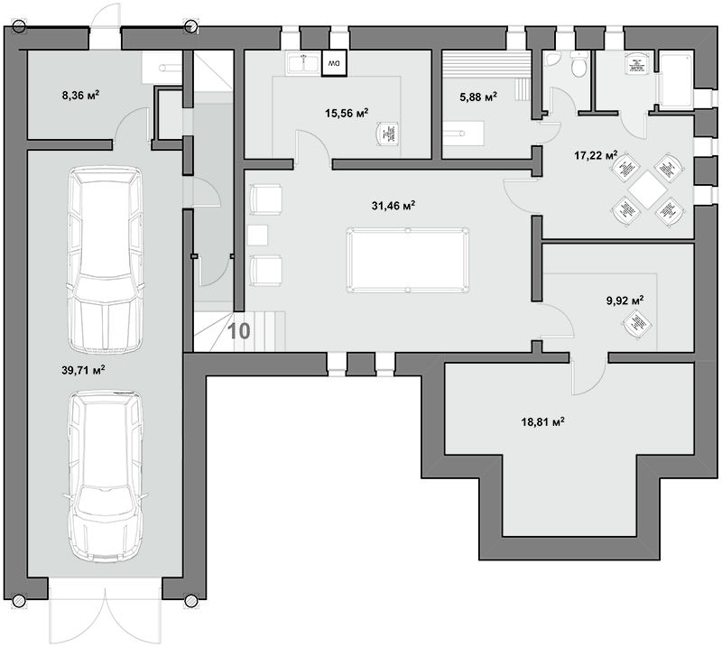 НА 2 КРЫЛА - план цокольного этажа 7-комнатного особняка - готовый проект от Инваполис