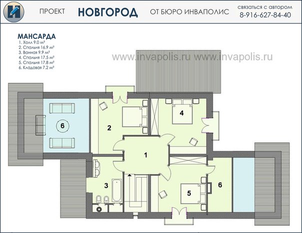 НОВГОРОД - стильный северный коттедж - план мансарды - готовый проект ИНВАПОЛИС