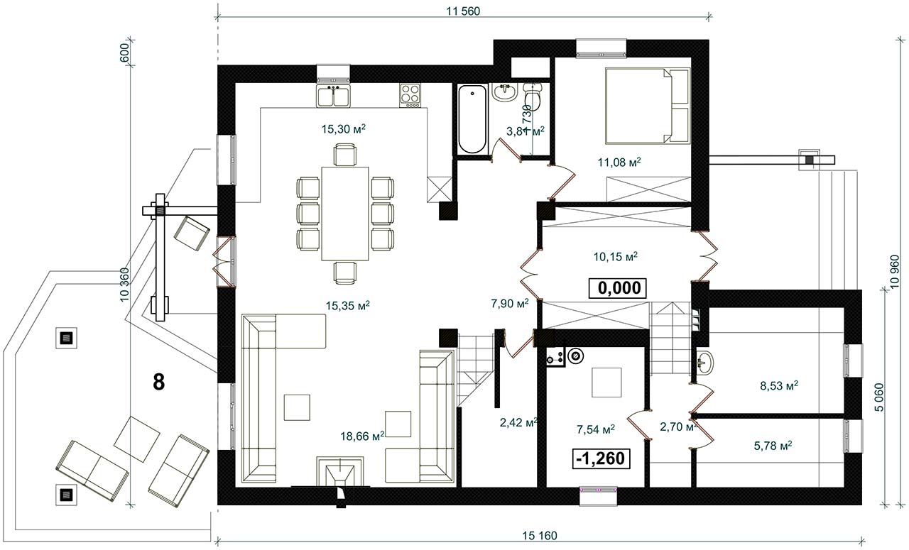 план первый этаж многокомнатного коттеджа