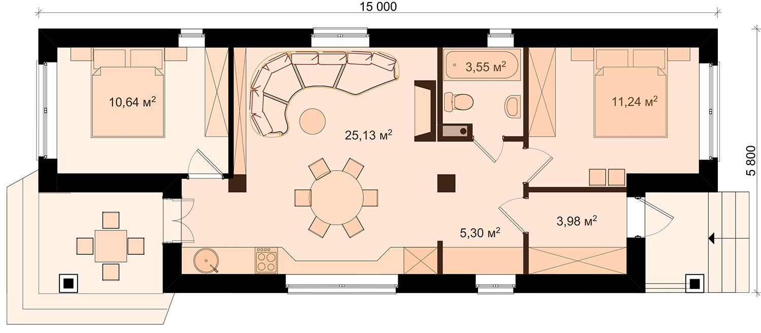 План узкого одноэтажного дома 60 м2 ПАЛАНГА с 2 спальнями - бюро Инваполис