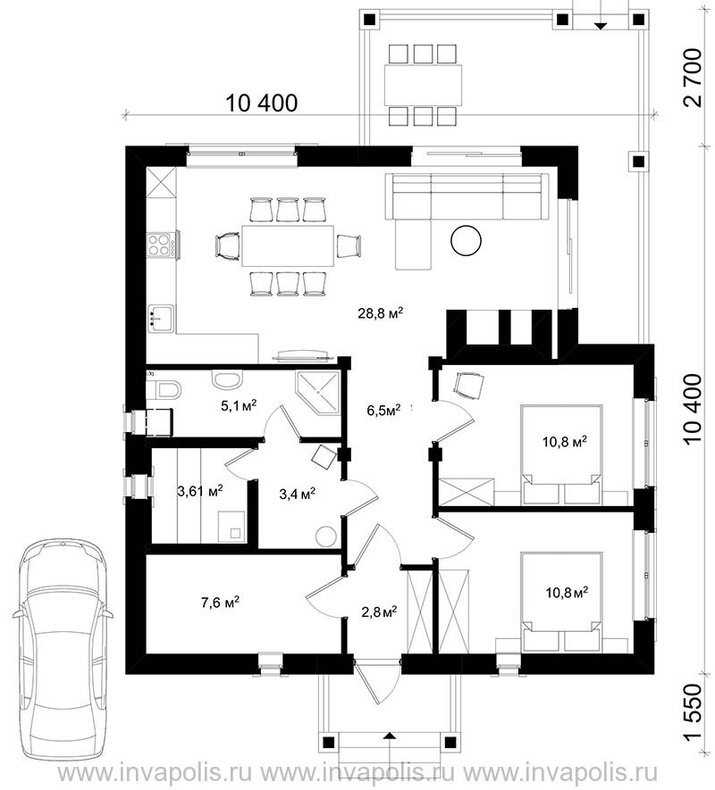 План одноэтажного трёхкомнатного дома 80 кв м с сауной и террасой от Инваполис