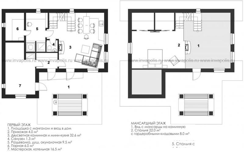 ПОДСОБНЫЙ - план гостевогоо дома с сауной и спальней на антресоли- готовый проект от Инваполис